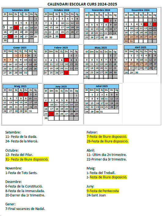 Calendari escolar curs 2024-2025