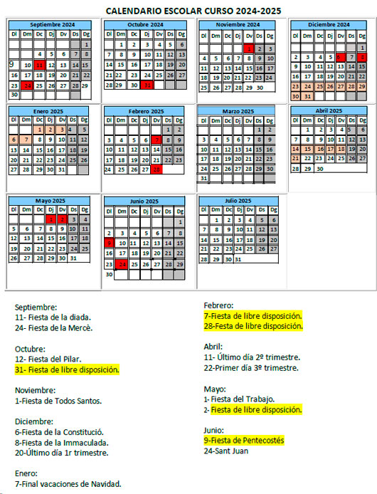 Calendari escolar curs 2024-2025